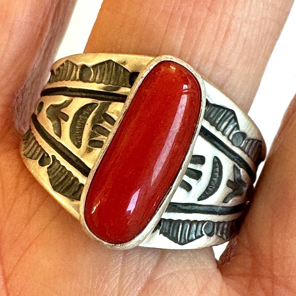 Navajo Red Coral Band Sz 11 Ring Signed Francis Sterling Native Amer USA
